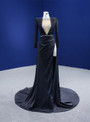 Black Satin Long Sleeve Crystal Split Prom Dress