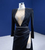 Black Satin Long Sleeve Crystal Split Prom Dress