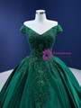 Green Satin Appliques Beading Off the Shoulder Prom Dress