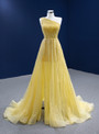Yellow Tulle One Shoulder Beading Sequins Prom Dress