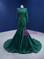 Green Mermaid Satin High Neck Prom Dress With Detachable Train