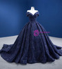 Navy Blue Sequins Beading Off the Shoulder Prom Dress