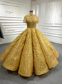Gold Ball Gown Sequins High Neck Short Sleeve Prom Dress