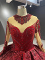 Heavy Beading Burgundy Sequins Long Sleeve Crystal Prom Dress