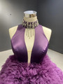 Dark Purple Hi Lo High Neck Beading Crystal Prom Dress