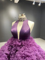 Dark Purple Hi Lo High Neck Beading Crystal Prom Dress