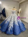Blue Ball Gown White 3D Appliques Cap Sleeve Prom Dress