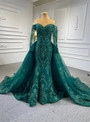 Dark Green Mermaid Tulle Appliques Beading Long Sleeve Prom Dress