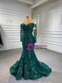 Dark Green Mermaid Tulle Appliques Beading Long Sleeve Prom Dress