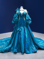 Blue Strapless Pleats Bow Prom Dress With Shawl