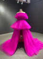 Fuchsia Hi Lo Tulle Strapless Pleats Prom Dress