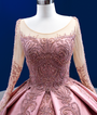 Pink Ball Gown Satin Long Sleeve Appliques Beading Prom Dress
