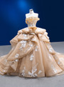 Vintage Champagne Strapless Tulle Appliques Prom Dress