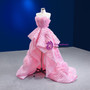 Pink Hi Lo Organza Pleats Flower Prom Dress