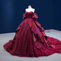 Burgundy Tulle Satin Sweetheart Puff Sleeve Prom Dress