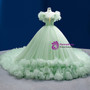 Green Tulle Beading Sequins Princess Prom Dress With Train