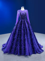 Blue Purple Long Sleeve Tulle Beading Prom Dress