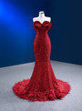 Red Mermaid Sequins Sweetheart Feather Prom Dress