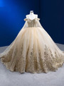 Champagne Ball Gown Tulle Sequins Appliques Pearls Prom Dress