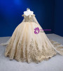 Champagne Ball Gown Tulle Sequins Appliques Pearls Prom Dress