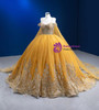 Gold Ball Gown Tulle Sequins Appliques Pearls Prom Dress