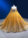 Gold Ball Gown Tulle Sequins Appliques Pearls Prom Dress
