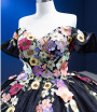 Black Ball Gown Tulle 3D Colorful Flower Prom Dress