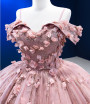 Pink Ball Gown Tulle Sequins 3D Flower Prom Dress
