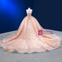 Pink Ball Gown Tulle Spaghetti Straps Pearls Sequins Prom Dress