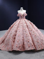 Pink Ball Gown Tulle Sequins 3D Appliques Prom Dress