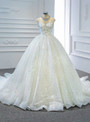 White Tulle High Neck Beading Sequins Wedding Dress