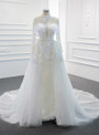 White Tulle High Neck Pearls Wedding Dress With Removable Train