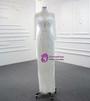 White Tulle High Neck Pearls Wedding Dress With Removable Train
