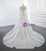 White Tulle High Neck Pearls Wedding Dress With Removable Train