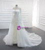 White Tulle High Neck Pearls Wedding Dress With Removable Train