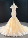 Champagne Mermaid Tulle Lace Beading Wedding Dress