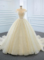 Champagne Tulle Off the Shoulder Wedding Dress