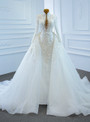 White Mermaid Tulle Backless Long Sleeve Appliques Pearls Wedding Dress