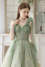 Green Tulle Hi Lo Floral Homecoming Dress