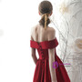 Burgundy Satin Off the Shoulder Tea Length Prom Dress