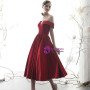 Burgundy Satin Off the Shoulder Tea Length Prom Dress