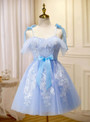 Blue Tulle Lace Appliques Straps Homecoming Dress