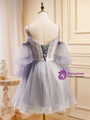 Purple Tulle Long Sleeve Spaghetti Straps Homecoming Dress