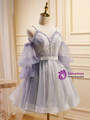 Purple Tulle Long Sleeve Spaghetti Straps Homecoming Dress