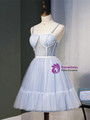Blue Tulle Spaghetti Pleats Beading Homecoming Dress