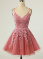 Pink Tulle Lace Appliques Straps Homecoming Dress