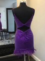 Purple Sequins Spaghetti Straps Feather Homecoming Dress