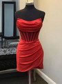 Red Satin Strapless Pleats Homecoming Dress
