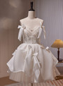 White Satin Lace Bow Homecoming Dress