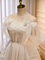 White Tulle Pearls Bow Spaghetti Straps Homecoming Dress